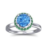 Swiss Blue Topaz Ring In 14k White Gold With Emerald And Ruby Kavita Round Halo Ring