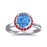 Swiss Blue Topaz Ring In 14k White Gold With Ruby Kavita Round Halo Ring