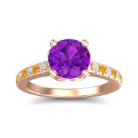 Amethyst Engagement Ring In 14K Rose Gold With Citrine And Diamond - Amra Round Classic Ring