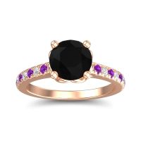 Black Onyx Ring In 18K Rose Gold With Lab Diamond And Amethyst Amra Round Classic Ring