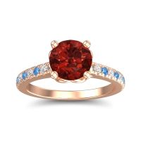 Garnet Ring In 18K Rose Gold With Swiss Blue Topaz And Lab Diamond Amra Round Classic Ring