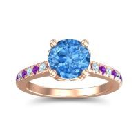 Swiss Blue Topaz Ring In 18K Rose Gold With Amethyst And Aquamarine Amra Round Classic Ring