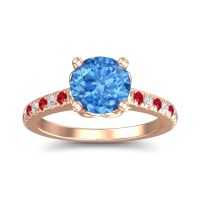 Swiss Blue Topaz Ring In 14K Rose Gold With Lab Diamond And Ruby Amra Round Classic Ring
