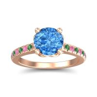 Swiss Blue Topaz Ring In 18K Rose Gold With Pink Tourmaline And Emerald Amra Round Classic Ring