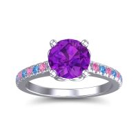 Amethyst Ring In 14k White Gold With Swiss Blue Topaz And Pink Tourmaline Amra Round Classic Ring