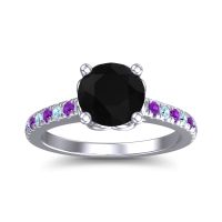 Black Onyx Ring In Platinum With Aquamarine And Amethyst Amra Round Classic Ring