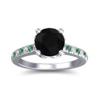 Black Onyx Ring In 14k White Gold With Diamond And Emerald Amra Round Classic Ring