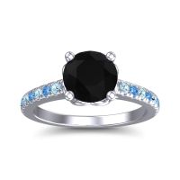 Black Onyx Ring In 18k White Gold With Swiss Blue Topaz And Aquamarine Amra Round Classic Ring