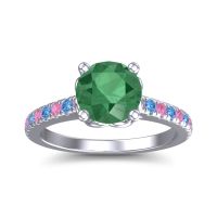 Lab Emerald Ring In Palladium With Pink Tourmaline And Swiss Blue Topaz Amra Round Classic Ring