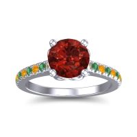 Garnet Ring In 18k White Gold With Citrine And Emerald Amra Round Classic Ring