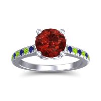 Garnet Ring In 18k White Gold With Peridot And Blue Sapphire Amra Round Classic Ring
