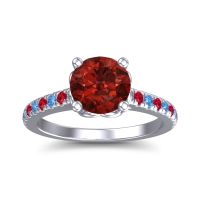 Garnet Ring In 18k White Gold With Swiss Blue Topaz And Ruby Amra Round Classic Ring
