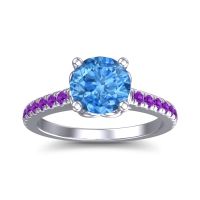 Swiss Blue Topaz Ring In 18k White Gold With Amethyst Amra Round Classic Ring