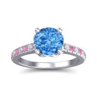 Swiss Blue Topaz Ring In Platinum With Pink Tourmaline And Lab Diamond Amra Round Classic Ring