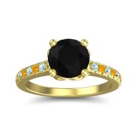 Black Onyx Ring In 18k Yellow Gold With Citrine And Aquamarine Amra Round Classic Ring
