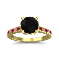 Black Onyx Ring In 18k Yellow Gold With Pink Tourmaline And Garnet Amra Round Classic Ring