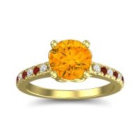Citrine Engagement Ring In 18k Yellow Gold With Garnet And Diamond - Amra Round Classic Ring