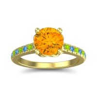 Citrine Ring In 18k Yellow Gold With Swiss Blue Topaz And Peridot Amra Round Classic Ring