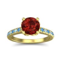 Garnet Ring In 18k Yellow Gold With Aquamarine And Swiss Blue Topaz Amra Round Classic Ring