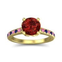 Garnet Ring In 18k Yellow Gold With Blue Sapphire And Pink Tourmaline Amra Round Classic Ring