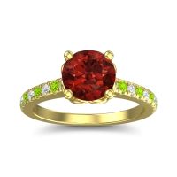 Garnet Ring In 18k Yellow Gold With Lab Diamond And Peridot Amra Round Classic Ring