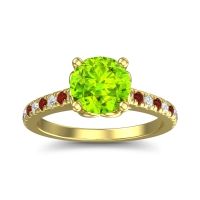 Peridot Ring In 14k Yellow Gold With Diamond And Garnet Amra Round Classic Ring