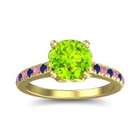 Peridot Ring In 14k Yellow Gold With Pink Tourmaline And Blue Sapphire Amra Round Classic Ring