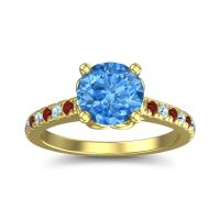 Swiss Blue Topaz Ring In 18k Yellow Gold With Aquamarine And Garnet Amra Round Classic Ring