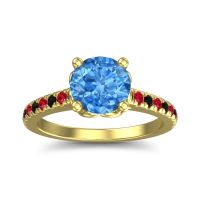 Swiss Blue Topaz Ring In 18k Yellow Gold With Black Onyx And Ruby Amra Round Classic Ring