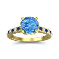 Swiss Blue Topaz Ring In 18k Yellow Gold With Lab Diamond And Blue Sapphire Amra Round Classic Ring