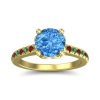 Swiss Blue Topaz Ring In 14k Yellow Gold With Emerald And Garnet Amra Round Classic Ring