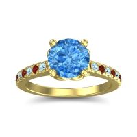 Swiss Blue Topaz Ring In 18k Yellow Gold With Garnet And Aquamarine Amra Round Classic Ring