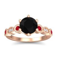 Black Onyx Engagement Ring In 18K Rose Gold With Ruby And Diamond - Daiva Round Antique Ring