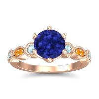 Lab Blue Sapphire Ring In 18K Rose Gold With Aquamarine And Citrine Daiva Round Antique Ring