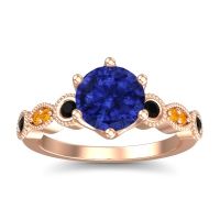Lab Blue Sapphire Ring In 18K Rose Gold With Black Onyx And Citrine Daiva Round Antique Ring