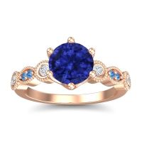 Lab Blue Sapphire Ring In 14K Rose Gold With Lab Diamond And Swiss Blue Topaz Daiva Round Antique Ring