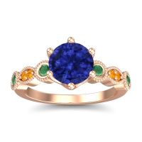 Lab Blue Sapphire Ring In 18K Rose Gold With Emerald And Citrine Daiva Round Antique Ring