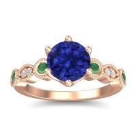 Lab Blue Sapphire Engagement Ring In 18K Rose Gold With Emerald And Diamond - Daiva Round Antique Ring