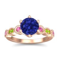 Lab Blue Sapphire Ring In 14K Rose Gold With Pink Tourmaline And Peridot Daiva Round Antique Ring