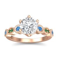 Lab Diamond Ring In 14K Rose Gold With Swiss Blue Topaz And Emerald Daiva Round Antique Ring