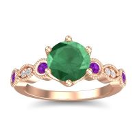 Emerald Engagement Ring In 18K Rose Gold With Amethyst And Diamond - Daiva Round Antique Ring
