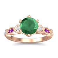 Emerald Ring In 18K Rose Gold With Lab Diamond And Amethyst Daiva Round Antique Ring
