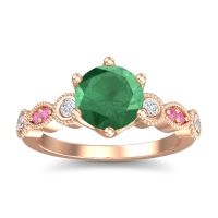Emerald Ring In 18K Rose Gold With Lab Diamond And Pink Tourmaline Daiva Round Antique Ring
