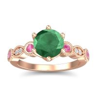 Lab Emerald Engagement Ring In 14K Rose Gold With Pink Tourmaline And Diamond - Daiva Round Antique Ring