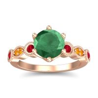 Lab Emerald Ring In 14K Rose Gold With Ruby And Citrine Daiva Round Antique Ring