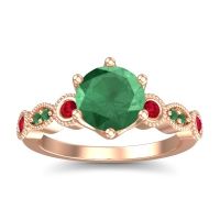 Lab Emerald Ring In 14K Rose Gold With Ruby And Emerald Daiva Round Antique Ring