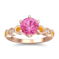 Pink Tourmaline Ring In 14K Rose Gold With Citrine And Lab Diamond Daiva Round Antique Ring