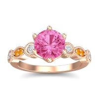 Pink Tourmaline Ring In 14K Rose Gold With Lab Diamond And Citrine Daiva Round Antique Ring