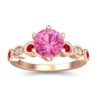 Pink Tourmaline Engagement Ring In 18K Rose Gold With Ruby And Diamond - Daiva Round Antique Ring
