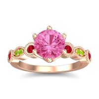 Pink Tourmaline Ring In 18K Rose Gold With Ruby And Peridot Daiva Round Antique Ring